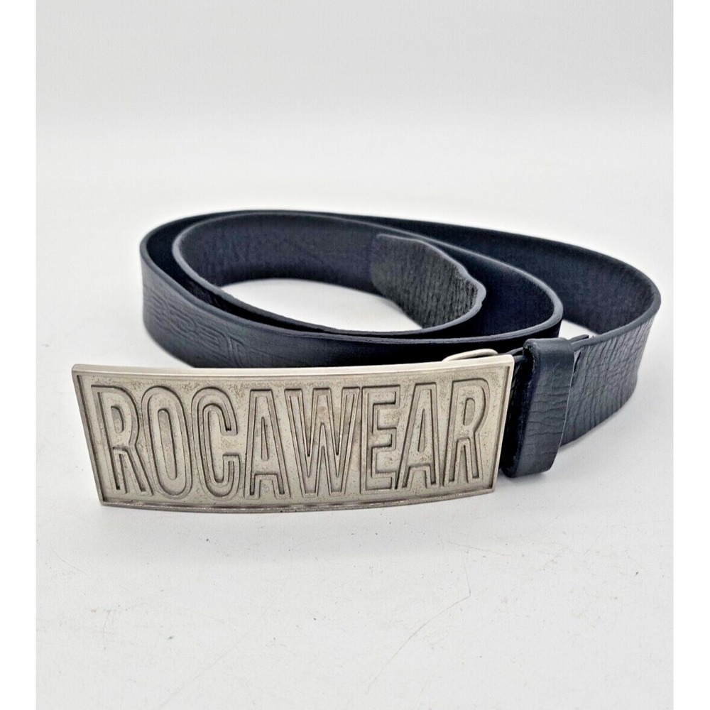 Rocawear Black Italian Leather Belt Spell Out Buckle RW044/N 41-44 Y2K VTG - Picture 1 of 7